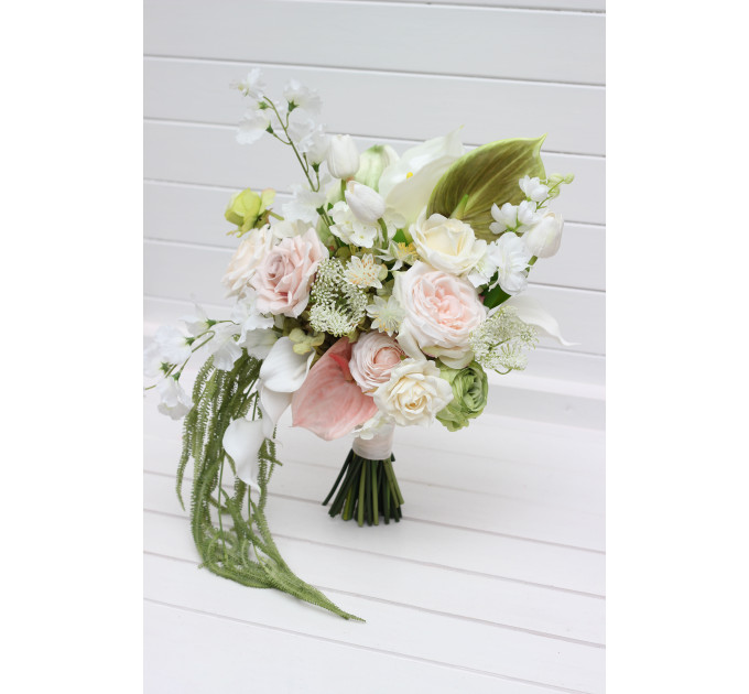 Bridal and Bridesmaid Bouquets in Blush Pink, Ivory & Soft Olive Green