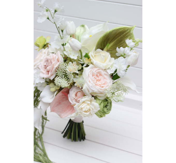Bridal and Bridesmaid Bouquets in Blush Pink, Ivory & Soft Olive Green