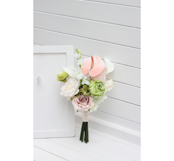 Bridal and Bridesmaid Bouquets in Blush Pink, Ivory & Soft Olive Green
