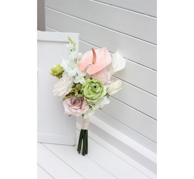 Bridal and Bridesmaid Bouquets in Blush Pink, Ivory & Soft Olive Green