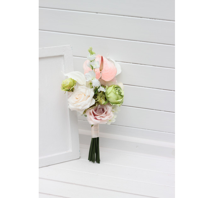 Bridal and Bridesmaid Bouquets in Blush Pink, Ivory & Soft Olive Green