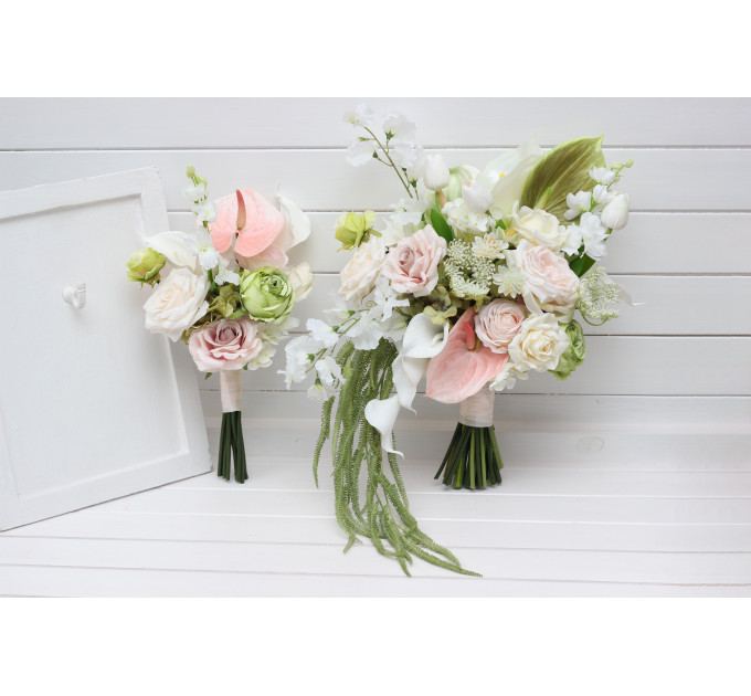 Bridal and Bridesmaid Bouquets in Blush Pink, Ivory & Soft Olive Green
