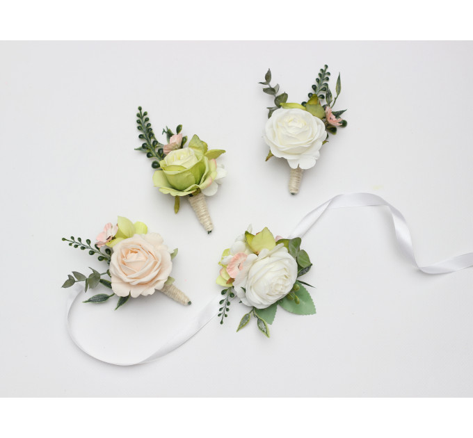 Blush Pink, Ivory & Soft Olive Green Corsage and Wedding Boutonnieres