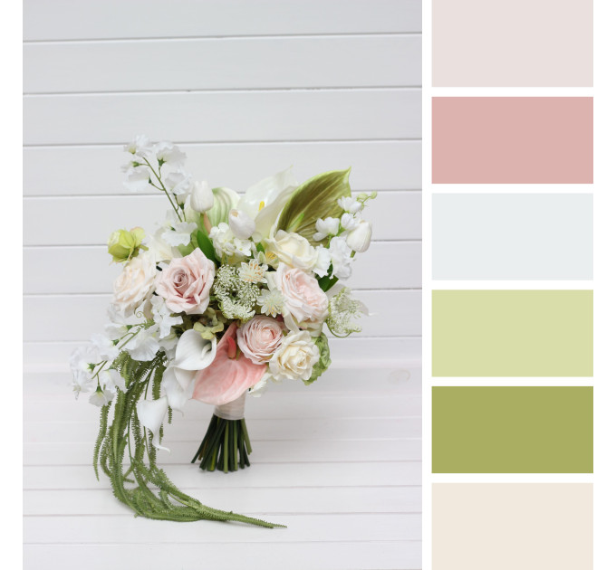 Bridal and Bridesmaid Bouquets in Blush Pink, Ivory & Soft Olive Green