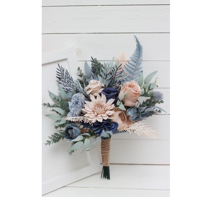 Beige dahlia dusty navy blue flowers . Bridal bouquet.  Faux bouquet. Bridesmaid bouquet.  0506
