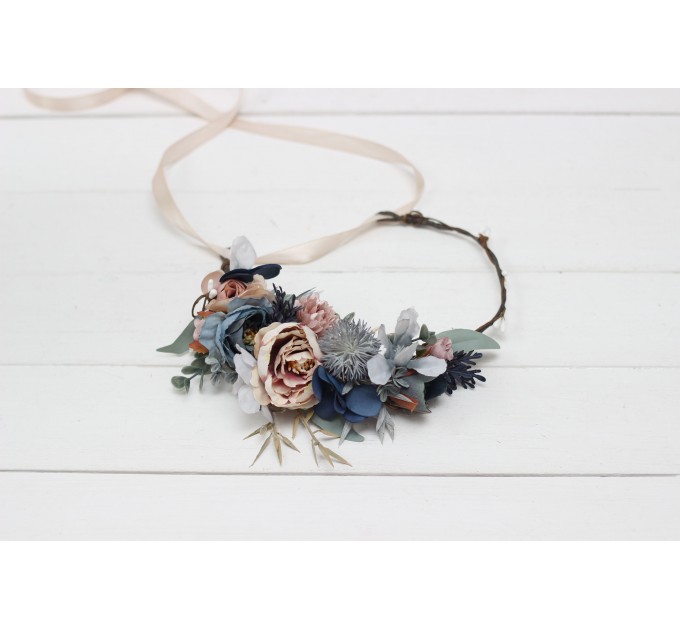 Dusty blue beige flower crown. Hair wreath. Flower girl crown. Wedding flowers. 0506