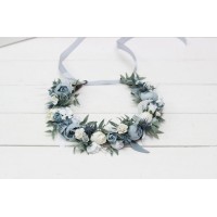 Dusty blue white  flower crown. Hair wreath. Flower girl crown. Wedding flowers. 0508