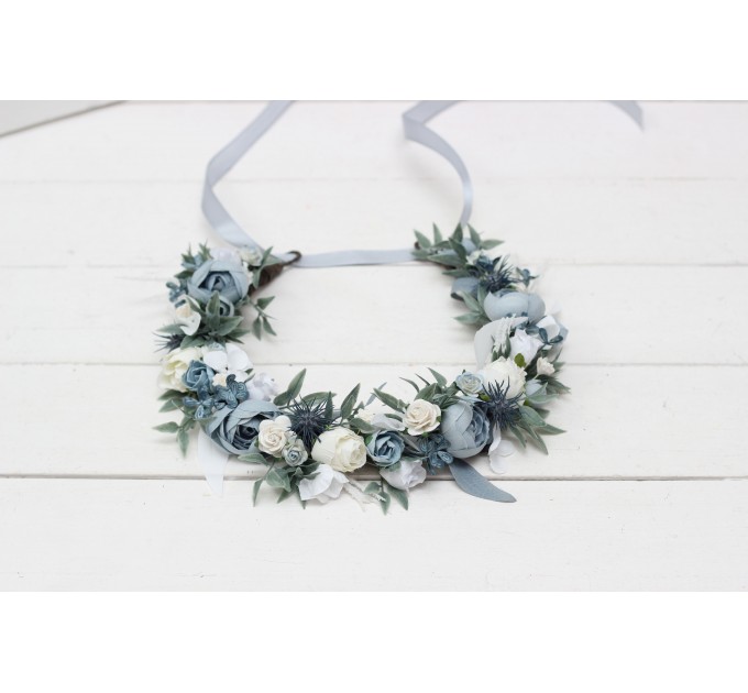 Dusty blue white  flower crown. Hair wreath. Flower girl crown. Wedding flowers. 0508