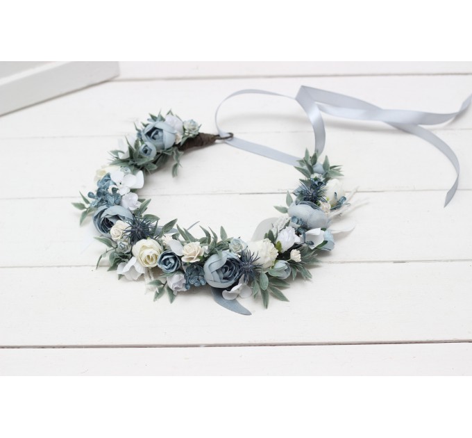 Dusty blue white  flower crown. Hair wreath. Flower girl crown. Wedding flowers. 0508
