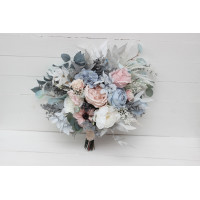 Wedding bouquets in Dusty blue blush pink white colors. Bridal bouquet. Cascading bouquet. Faux bouquet. Bridesmaid bouquet. 0509