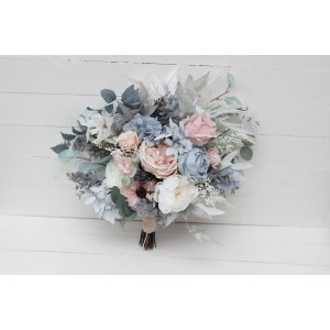 Wedding bouquets in Dusty blue blush pink white colors. Bridal bouquet. Cascading bouquet. Faux bouquet. Bridesmaid bouquet. 0509