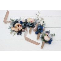  Wedding boutonnieres and wrist corsage  in dusty blue beige color theme. Flower accessories. 0506