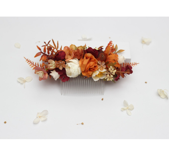 Rust, Cream & Burgundy Floral Hair Comb for Bridal Hairstyles