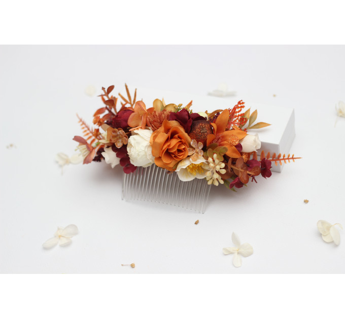 Rust, Cream & Burgundy Floral Hair Comb for Bridal Hairstyles