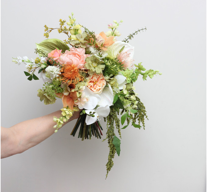 Peach, Yellow, White & Dusty Olive Asymmetrical Bridal Bouquet
