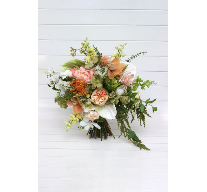 Peach, Yellow, White & Dusty Olive Asymmetrical Bridal Bouquet