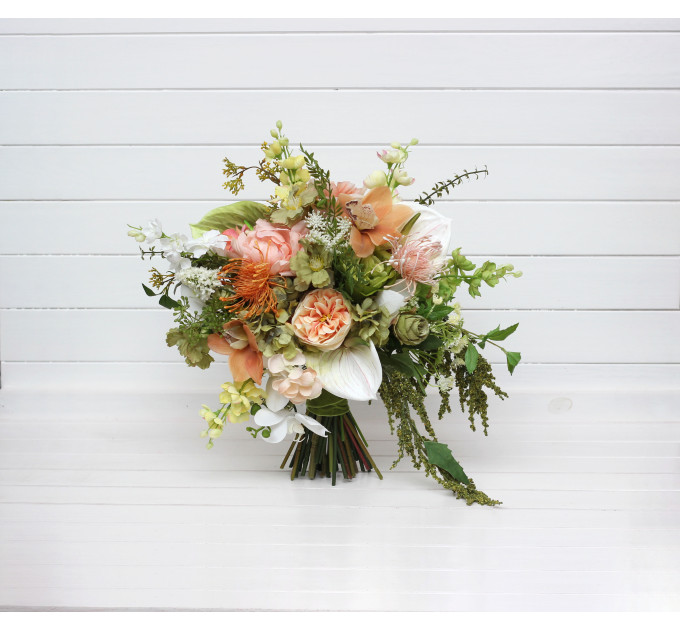 Peach, Yellow, White & Dusty Olive Asymmetrical Bridal Bouquet