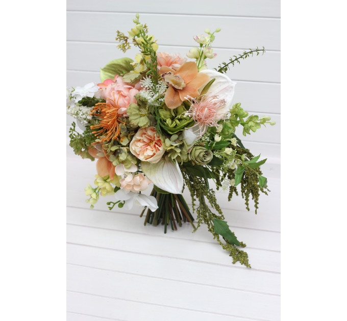 Peach, Yellow, White & Dusty Olive Asymmetrical Bridal Bouquet