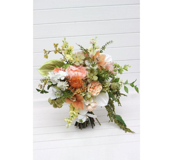 Peach, Yellow, White & Dusty Olive Asymmetrical Bridal Bouquet