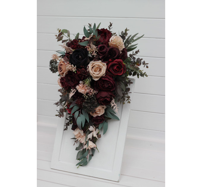 Moody Cascading Wedding Bouquet in Purple, Burgundy & Beige