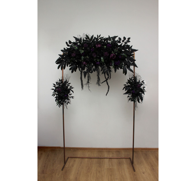 Gothic Flower Arch in Deep Purple, Black & Dark Green – Dramatic Faux Wedding Arbor Arrangement
