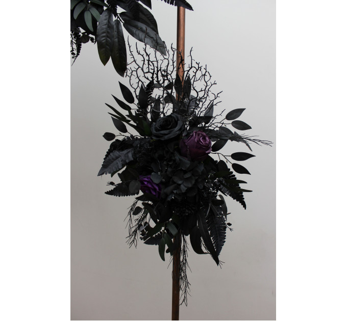 Gothic Flower Arch in Deep Purple, Black & Dark Green – Dramatic Faux Wedding Arbor Arrangement