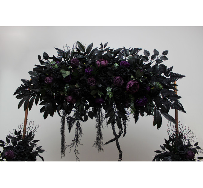 Gothic Flower Arch in Deep Purple, Black & Dark Green – Dramatic Faux Wedding Arbor Arrangement