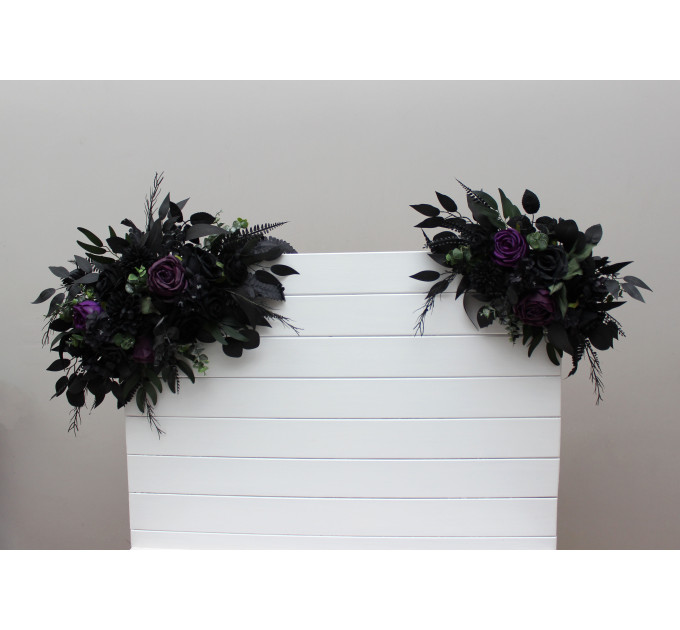 Gothic Flower Arch in Deep Purple, Black & Dark Green – Dramatic Faux Wedding Arbor Arrangement