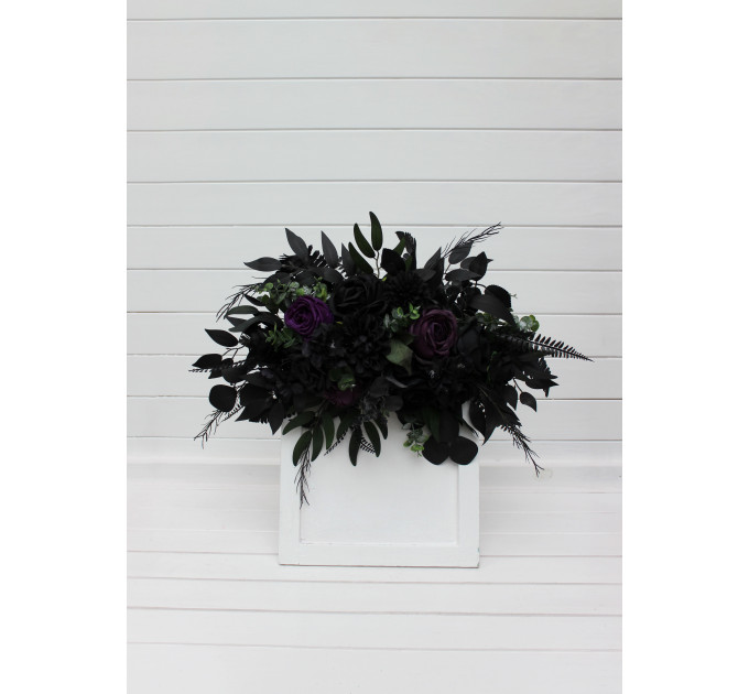 Gothic Flower Arch in Deep Purple, Black & Dark Green – Dramatic Faux Wedding Arbor Arrangement
