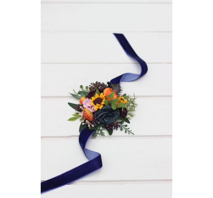 Colorful Sunflower Wrist Corsage in Navy Blue, Orange, Purple & Pink
