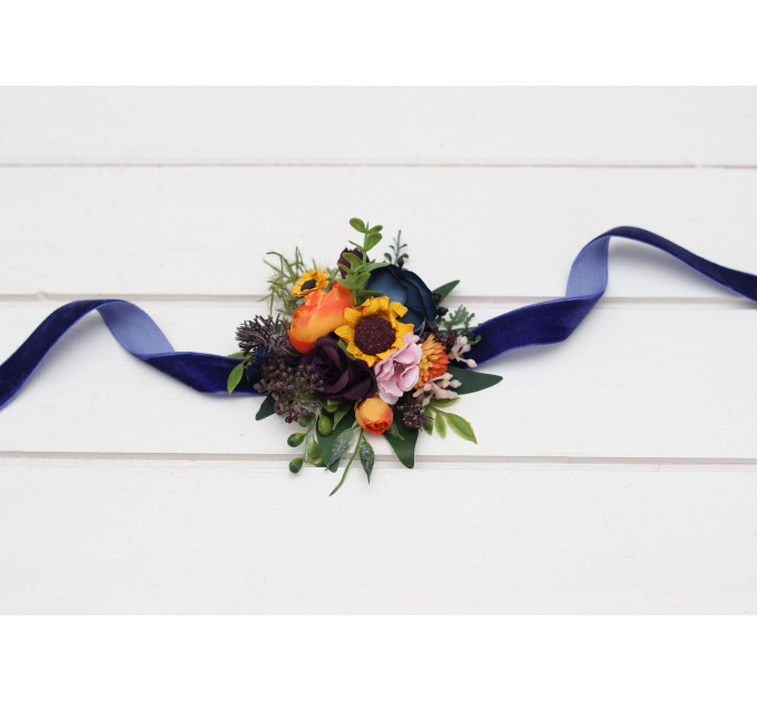 Colorful Sunflower Wrist Corsage in Navy Blue, Orange, Purple & Pink