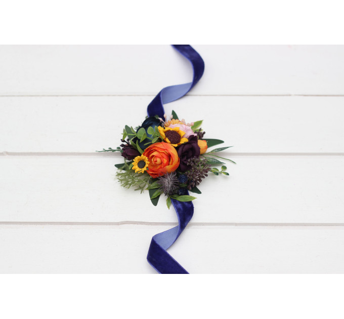Colorful Sunflower Wrist Corsage in Navy Blue, Orange, Purple & Pink