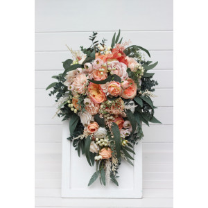Blush Pink, White, Peach & Sage Green Cascading Bridal and Bridesmaid Bouquets. 5035