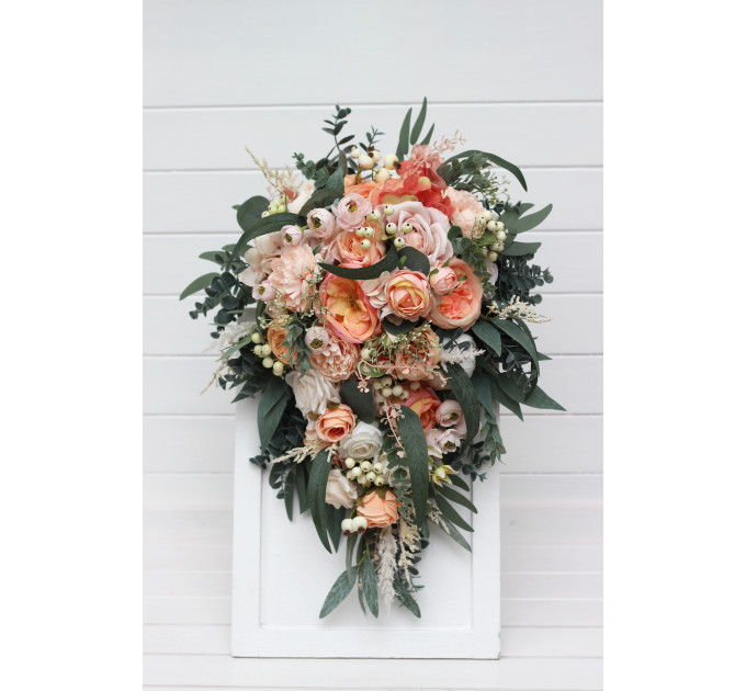 Romantic Cascading Wedding Bouquets in Blush Pink, Peach, White & Sage Green