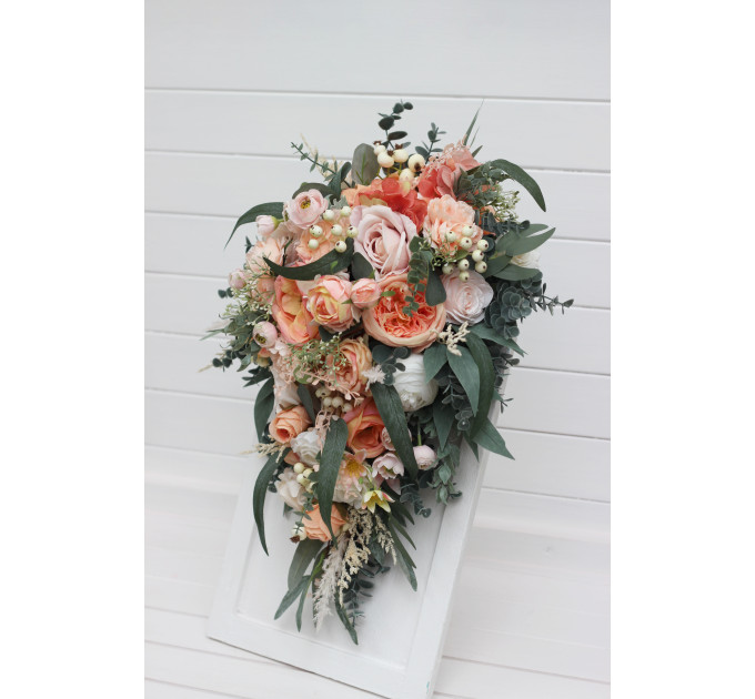 Romantic Cascading Wedding Bouquets in Blush Pink, Peach, White & Sage Green