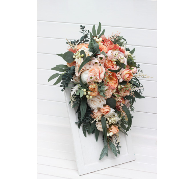 Romantic Cascading Wedding Bouquets in Blush Pink, Peach, White & Sage Green