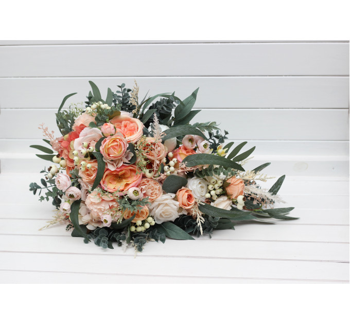 Romantic Cascading Wedding Bouquets in Blush Pink, Peach, White & Sage Green