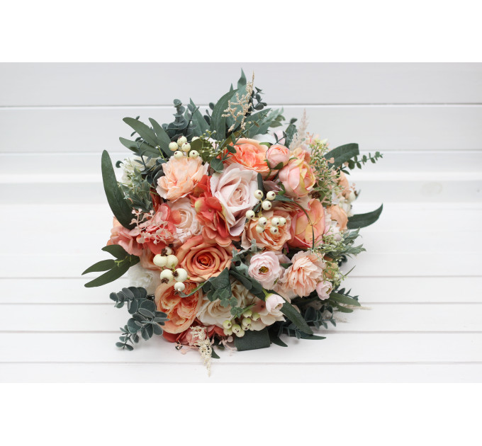 Romantic Cascading Wedding Bouquets in Blush Pink, Peach, White & Sage Green
