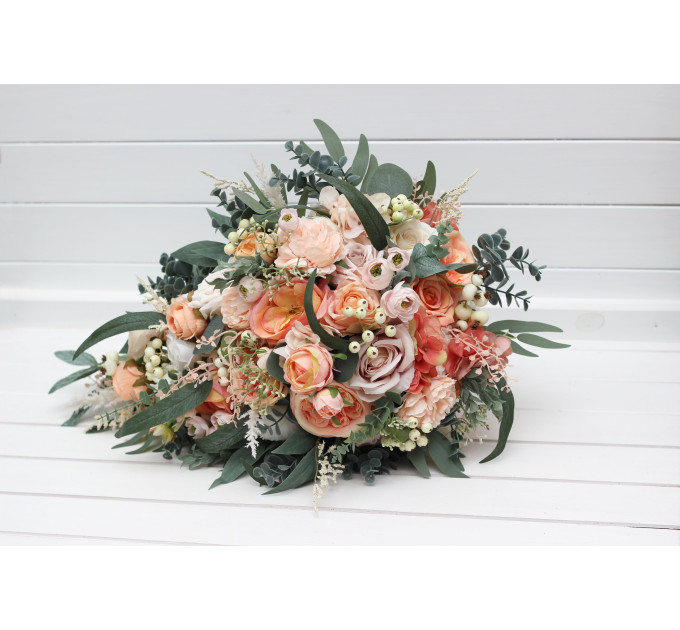 Romantic Cascading Wedding Bouquets in Blush Pink, Peach, White & Sage Green