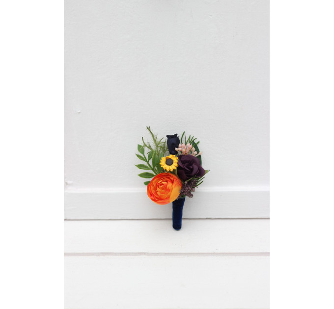 Navy Blue, Orange, Purple & Pink Sunflower Boutonniere for Weddings