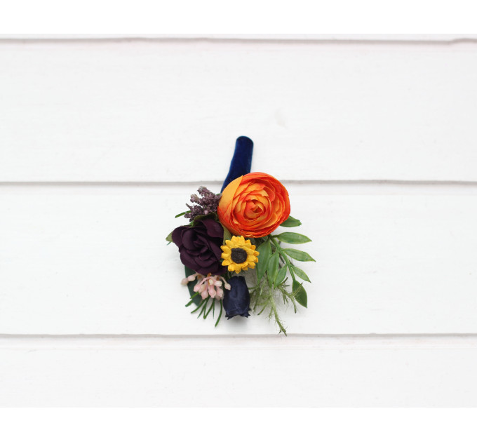 Navy Blue, Orange, Purple & Pink Sunflower Boutonniere for Weddings