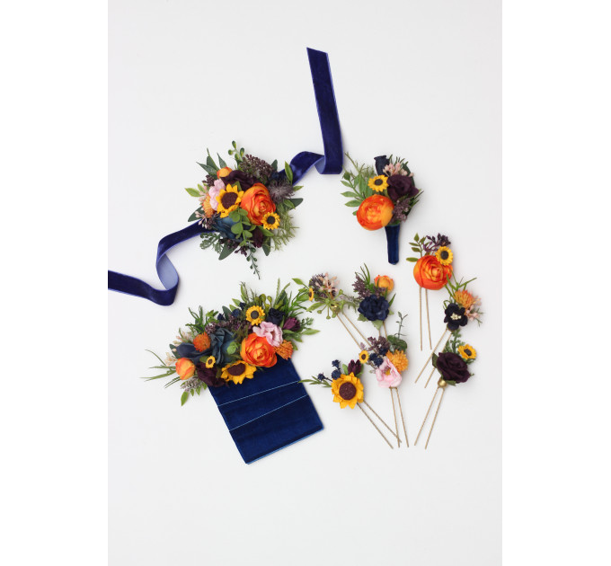 Colorful Sunflower Wrist Corsage in Navy Blue, Orange, Purple & Pink