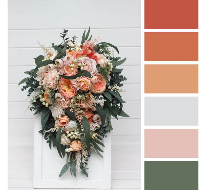 Romantic Cascading Wedding Bouquets in Blush Pink, Peach, White & Sage Green
