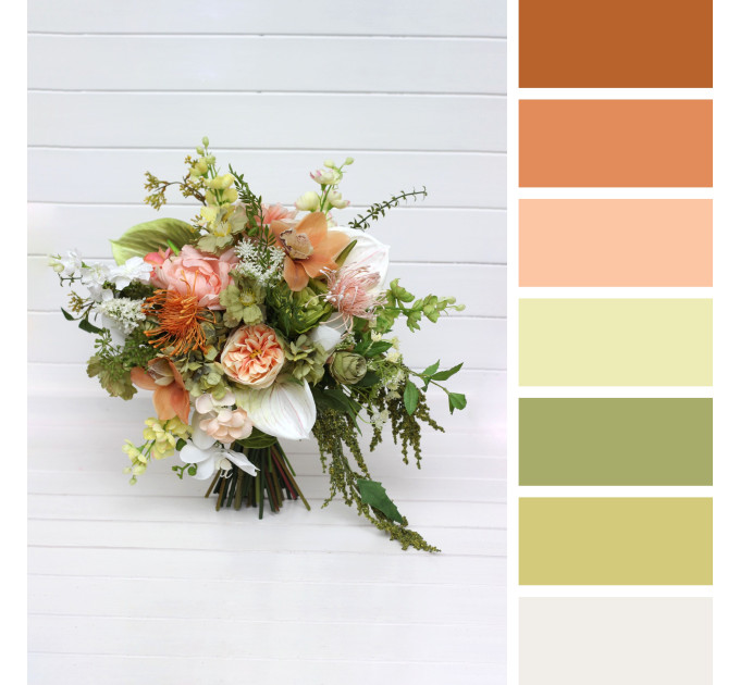 Peach, Yellow, White & Dusty Olive Asymmetrical Bridal Bouquet