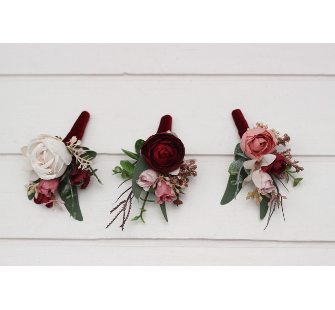 Wedding Boutonnieres in Burgundy, Dusty Rose & Blush Pink Tones