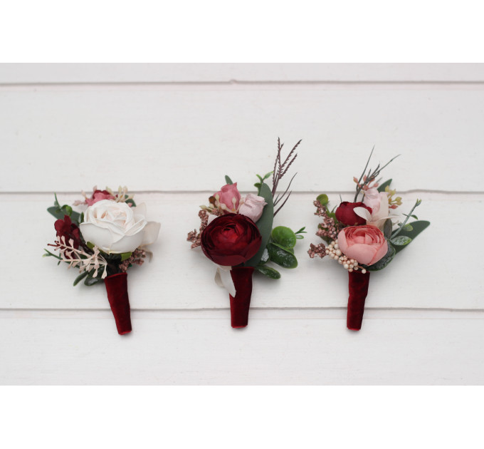 Wedding Boutonnieres in Burgundy, Dusty Rose & Blush Pink Tones