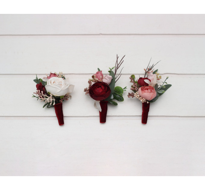 Wedding Boutonnieres in Burgundy, Dusty Rose & Blush Pink Tones