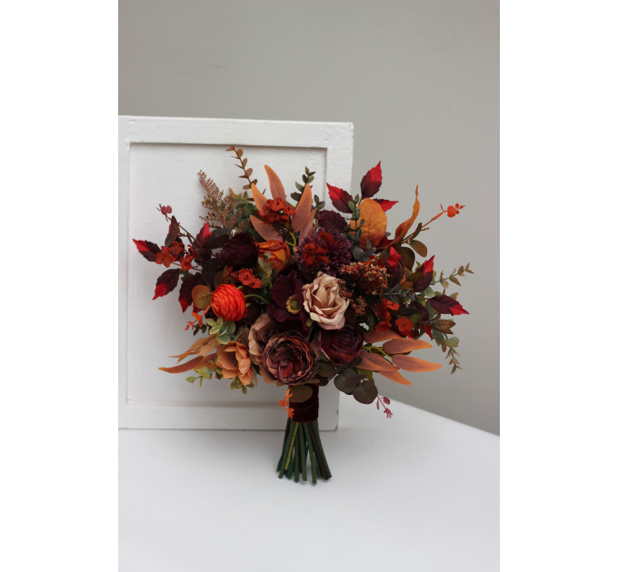 Wedding Bouquets in Plum, Purple, Orange, Rust & Beige | Cascading Faux Bridal & Bridesmaid Bouquets