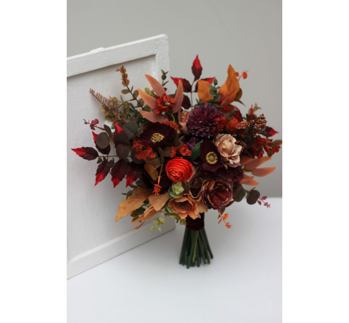 Wedding Bouquets in Plum, Purple, Orange, Rust & Beige | Cascading Faux Bridal & Bridesmaid Bouquets