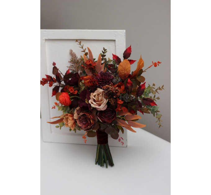 Wedding Bouquets in Plum, Purple, Orange, Rust & Beige | Cascading Faux Bridal & Bridesmaid Bouquets
